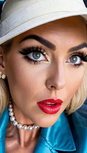 ukrainian, 45 yo, milf, mature, exotic beauty, cinematic photo of one girl, (((open mouth, ready for cum))), (((perfect Bright blue-gray irises of the eyes, realistic eyes, big eyes, Living natural eyes))), (((exotic makeup))), (blonde hair), (bobcut), (freckles body), (bronze tan, tanlines, high tan marks), ((white hat), ((jacket)), (beads), (gold big earrings)), innie, closeup, (((Dark upper eyelids, shadows, mascara, well-growing abundant lush long eyelashes, glamorous lipstick, shine in the eyes))), (((huge black shadow makeup))), ((in car, evening)), 35mm photograph, film, bokeh, professional, 8k, highly detailed, <lora:doyoulikemybum:.5>