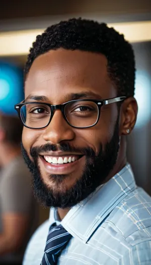 Il nerd tech uomo d'affari in un vestito nero e cravatta si sedette alla sua scrivania, scrivendo sul suo computer. Aveva una foto di se stesso con un gruppo di amici sulla sua scrivania, e stava sorridendo brillantemente. L'immagine è stata scattata professionalmente,