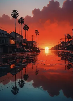 Футуристический город с лазерными огнями, отражающимися в воде, монохромным правилом третей, абстрактным акриловым стилем и неоновыми цветами и геометрическими формами