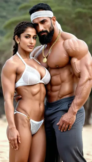 Ein muslimischer Hunk mit perfekten Fingern entkleidet das schöne indische Mädchen in einer Strandumgebung, da sie beide für ein Foto posieren. Das Mädchen trägt einen einfachen Goldring um ihre Nippel und der muslimische Mann hat einen bösen Gesichtsausdruck als