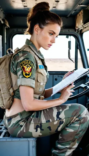 Askeri yorgunluklar ve askeri bir kamyon şoförü giyen genç bir kız, bir askeri kamyonun arkasında otururken bir harita niyetle okuyor