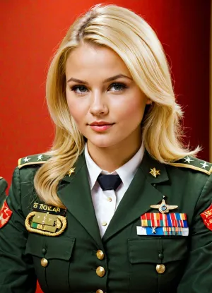 तस्वीर में प्यारा टीवी लड़की एक पतला और गोल-मटोल शरीर के साथ एक सैन्य वर्दी पहने हुए है, जो उसे बहुत प्यारा और फैशनेबल दिखता है