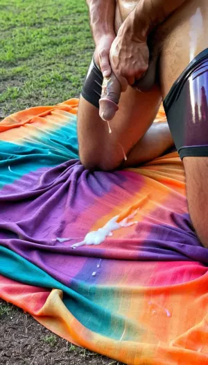 The muscular Arab man with long hair and a dark beard is seen standing outside in the rain, wearing only a tanktop that is soaked through. He has a large bulge in his pants and is stroking his cock vigorously. His face shows intense