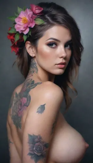 Painting of beautiful tattooed girl, big breasts, big ass, with flower in her hair, airbrush, by Ni Zan, behance, modern European ink painting, wlop and ross tran, serious expression, intricate, elegant girl, acrylic and spray paint, artwork