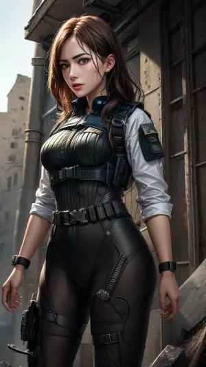 ИИ запечатлел образ девушки в пуленепробиваемом жилете, стоящей на фоне руин, с ее качественным разрешением 4K и высочайшей детализацией