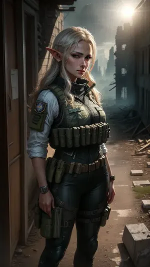 ИИ стоял в руинах некогда великого города, его металлическое тело сверкало на солнце. Он держал в руке фотографию красивой девушки-эльфа с высоким разрешением, сканируя любые признаки опасности. Несмотря на то, что он был продвинутым