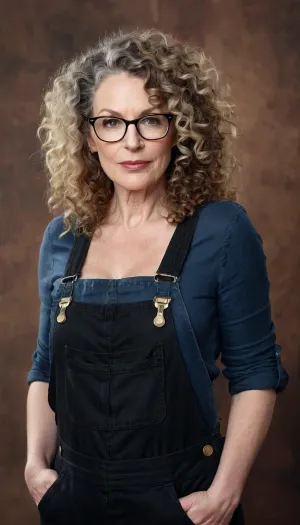 Une femme mature avec des cheveux bouclés et des lunettes, une peau pâle, de grands seins naturels, et une salopette noire assise à son bureau tapant loin sur son ordinateur