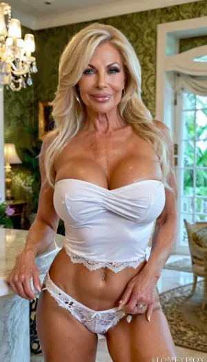 Uma mulher madura com rugas pesadas, top branco e shorts de renda, segurando uma câmera na frente da mansão, tirando fotos de si mesma
