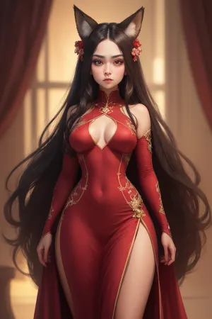 Lady Ai, tight red evening dress, red evening dress, fox ears, beautiful face, anatomically correct face, big eyes, face without anatomical defects, anatomically correct fingers, full-length, beautiful figure, athletic body, small breasts, little breasts, beautiful breasts.