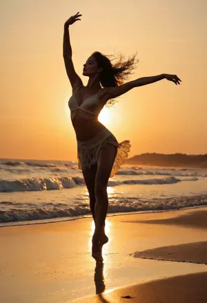 La hermosa chica bailando desde una distancia en la playa tarde al atardecer es una imagen hiperrealista que captura cada detalle e intrincado, haciendo difícil creer que es sólo una imagen