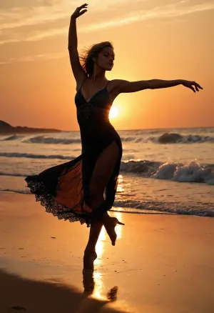 La imagen muestra una hermosa chica bailando desde una distancia en la playa tarde al atardecer. Se genera por gerhartz y bagshaw, que son conocidos por su trabajo en el campo del arte generado por AI