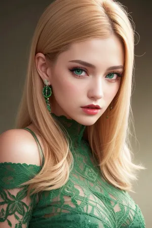 La belle femme musclée portait une robe en dentelle avec des bijoux émeraudes. Elle avait une photo et un texte ultra haut de gamme qui montrait ses cheveux blonds, sa mode et ses lèvres pailletées. Sa couleur verte des yeux était debout