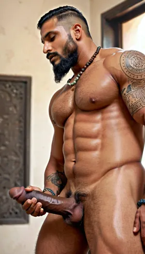 Le bodybuilder indien musclé avec une longue barbe et un pénis circoncis noir profond posait pour le photographe, montrant son tonus musculaire parfait de 8k. Il avait une bite épaisse et dressée qui dégoulinait de précum, prête à être adorée