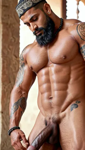 长胡子和纹身的肌肉印度健美师站在镜头前,他的8k分辨率捕捉了他肌肉生理的每一个细节. 他光滑的皮肤在明亮的灯光下闪耀 穿透的蓝眼睛直视着