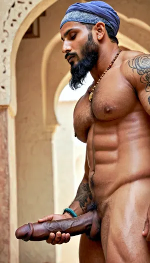 长胡子和纹身的肌肉印地安健美师 正在为他拍照 展示他的8k肌肉质量和强烈的面部表情 他头上有一个圆形的穆斯林网状祈祷帽,这增加了感性