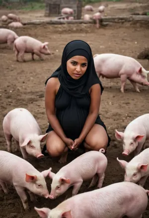 A dark skinned nude Arab Muslim pregnant woman wearing a headscarf and kneeling on the ground. She's in the middle of a pen full of pigs, kneeling in the dirt. Pigs are running around everywhere, pissing and shitting on the floor. It's very dirty.

A pig is grilled on a campfire and she eats a piece of it. During the Night.