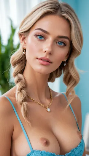 Ein atemberaubendes 8K-Auflösungsfoto einer schönen Frau mit langen dicken blonden Haaren und einem gut ausgebauten natürlichen Körper, begleitet von detailliertem Text, der das Aussehen der Frau, Gesichtszüge und Körper beschreibt. Das Bild erfasst die Essenz einer schönen Frau in
