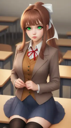 身着长发和大爆炸的年轻女子,身着校服,坐在电脑屏幕前的椅子上. 她的皮肤很完美,脸颊也很红 她的眼睛是棕色的,嘴唇是满的. 她已经