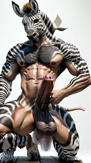 In the savannah, a man with a large penis and flaccid sheath was transformed into a zebra with big testicles, donkey black penis, and pink glans. His cock was erect and he had big flaccid she
