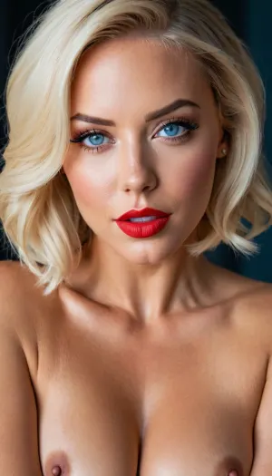 Die Frau im Bild hatte gegerbte Haut, einen passenden Körper und volle Lippen. Sie trug einen geölten hautnahen Bikini, der ihre Kurven abzeichnete. Ihr Haar war lang und blond, und sie hatte breiten offenen Mund mit gefälschten Titten