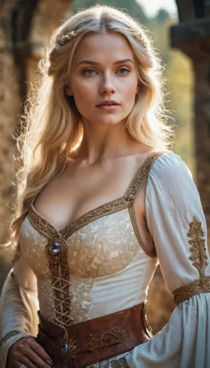 中世の服を明らかにする美しいブロンドの女性は、美しさのビジョンでした。 彼女は背の高いと誇りに思ってい、彼女の長い髪が彼女の背中を流れる。 青い目が部屋の周りを眺めているように、彼女の青い目は、すべての観光スポットで撮影