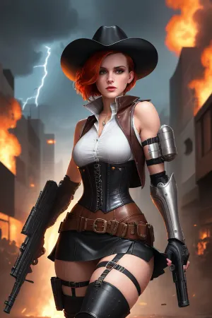 एआई का सबसे अच्छा विवरण, पिस्तौल पकड़, खुला सामने स्कर्ट, उसके सिर पर ऊपर मुड़े हुए किनारा के साथ उच्च संकल्प और hourglass आंकड़ा के साथ उत्कृष्ट कृति पैदा करना। Stetson टोपी upturn साथ