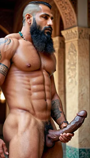 긴 수염과 깊은 검은 색을 가진 근육 인디언 보디빌딩용 기구는 사진기의 앞에 서 있습니다, 그의 8k photorealistic 걸작은 그의 몸의 아름다움을 capturing. 그의 근육은 완벽하게 toned 및 정의, 그의 헌신을 보여