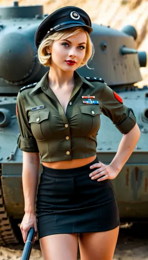 背景の虎タンクを備えた25歳のドイツ軍の役員は、レトロなスタイルのシャツとレトロな首輪を備えた8K HD DSLRカメラで撮影されています。 彼女の母乳は、彼女のタイトなタンクトップを介して見えます, に追加