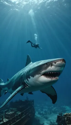 Megalodon swims near the sinking Titanic, 4k, 8k, as a photo taken from a quadcopter
