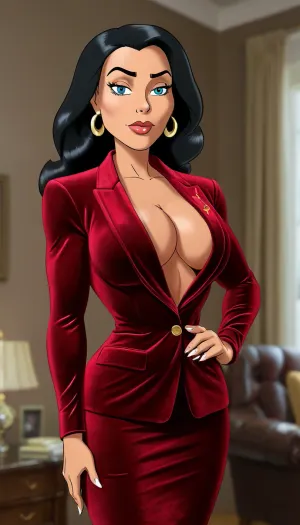 Франсин Смит, порнозвезда из популярного мультфильма Family Guy, находится в бархатном костюме бодикона и сосет большой член своего мужа, глядя на камеру