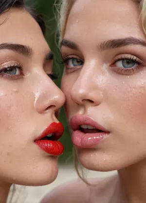 Extreme close up of lips, very detailed lips, glossy lips, wet lips, plum lips, big lips, Young girls, one girl on the left is Persian with tanned skin red lipstick, and wavy black hair, eyes open, looking at camera, the other girl on the right is a pale Finnish with pixie blonde hair pink lipstick, and freckles, eyes closed, hot lesbians, sensual, erotic, wet kiss, saliva dripping, saliva dripping off tongue, cum swap, french kiss, kissing with tongue, tongue in mouth, mouthwash, deep french kiss, kiss on mouth, love kiss, passionate kissing, perfect skin, nude, beach, natural light, 8k, photorealistic, masterpiece