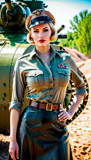 Fotoğraftaki kadın, yüksek kaliteli deri ile bir tank üst ve kısa takma ABD Ordusu görevlisidir. Yüksek kaliteli deri ile tanımlanmış bir vücut var ve bir ordu tankının önünde duruyor. Saçları kısa ve karanlık, doğal