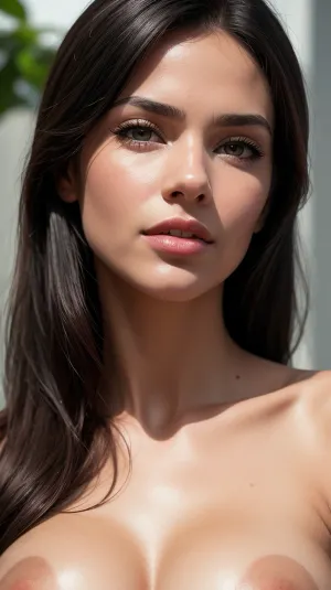 Woman, 1girl, tanned skin, affectionate, naive, innocent face, tan skin, thick black eyelashes, (best quality:1.1), medium breast, (nude:1.2), masterpiece, best quality, latina, (photorealistic:1.4), beautiful woman, large scale, long jet black hair, grey eyes, looking at viewer, 8k resolution, hyper realistic, well drawn face, closeup