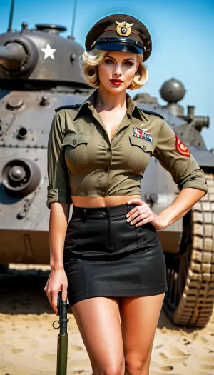 女性WWII美国陆军军官在舍曼坦克前身,身着高品质AI,用DSLR相机和卡农相机生成了8K HD照片. 她穿着一件很紧的军服 戴着项圈 还有一个25岁的美女