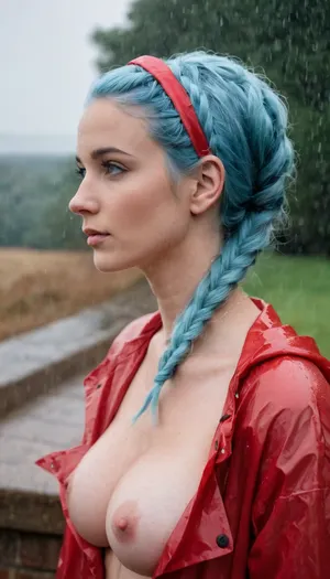 完美的色情画面是一张3/4的身体视图,一个害羞的,雨衣斑斑的女人,皮肤苍白,浅蓝色的头发,辫子,头带,苍白的皮肤和浅蓝色的眼睛. 她有一个颠倒的乳头