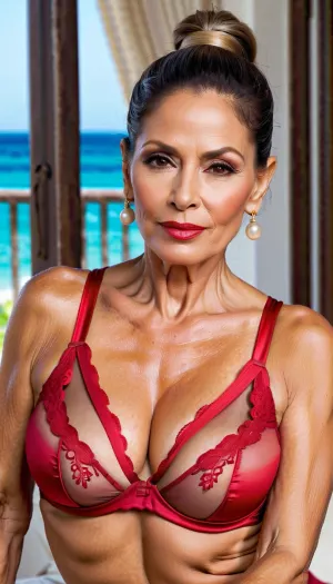 Beautiful mature woman, colombian, 65 years old, busty milf, bimbo milf, beautiful, realistic, very well-groomed skin and hair, ponytail style, brown eyes, narrow nose, subtle make-up, red lips, full lips, bitchy face, tanned skin, big, lips, wearing a transparent balconette bra