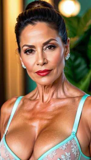 Beautiful mature woman, colombian, 65 years old, busty milf, bimbo milf, beautiful, realistic, very well-groomed skin and hair, ponytail style, brown eyes, narrow nose, subtle make-up, red lips, full lips, bitchy face, tanned skin, big, lips, wearing a transparent balconette bra