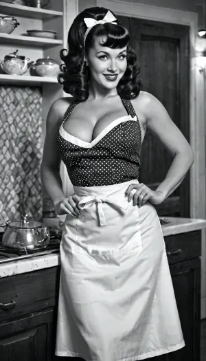 Bir retro 1950s tarzı ev hanımı, onun 50'lerinde uzun siyah saç ve patlamaları ile, saçlarıyla beyaz bir apron içinde seductally in a white apron with her hair down. Büyük göğüsler ve sıkı bir bel var, siyah ve beyaz bir beyaz giyiyor