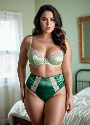 Женщина в зеленом атласном бюстгальтере и трусиках с белой кружевной отделкой и полной грудью и пухлой талией