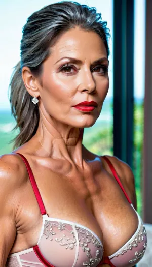 Beautiful mature woman, colombian model, 65 years old, busty milf, bimbo milf, beautiful, realistic, very well-groomed skin and hair, ponytail style, brown eyes, narrow nose, subtle make-up, red lips, full lips, stunning face, bitchy face, tanned skin, only photo of head, supermodel, face, big, lips, wearing a transparent balconette bra