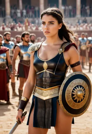 (New series of pictures), a full-length image of the highest quality, a beautiful young girl in Ancient Rome in the gladiator arena, holding a gladius, next to her female opponent, the stands full of a raging crowd are visible from behind. The photos were taken with professional equipment, high resolution, minimum noise and distortion., <lora:add-detail-xl:.5>, <lora:DetailedEyes_V3:.5>