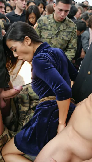 Two American soldier with a big dick in military clothes fucks doggy style oriental girl in modest velvet dress doggy style, Laura, crowd, people, <lora:crowd_of_people:.5>