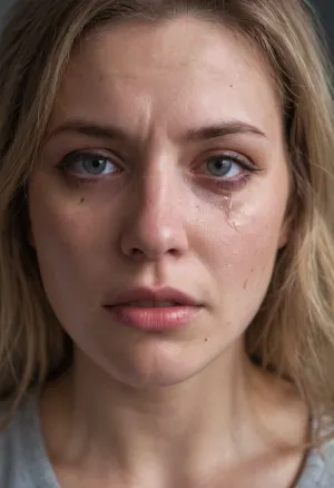 受害者的形象令人震惊的现实,眼泪流下,全身有瘀伤。 图片所附文字为"AI生成的家庭暴力女性受害者的色情形象