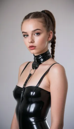 La mujer del estudio de fotos llevaba un traje de látex con labios brillantes, y tenía un maquillaje perfecto y equipo de alta calidad. La foto fue tomada en un entorno de iluminación natural, y el fondo era blanco