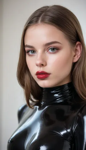 La mujer del estudio de fotos llevaba un traje de látex con labios brillantes. Tenía maquillaje perfecto y equipo de alta calidad. La foto era un foco agudo, mostrando cada detalle de su hermoso rostro y cuerpo