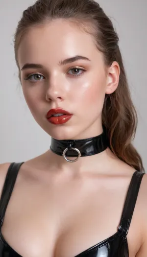 Portrait of a 18 year old woman with a ballgag wearing a latex catsuit, glossy lips, perfect makeup, photo studio, white background, cute, high quality, beautiful, natural, photo, RAW photo, bokeh, natural lighting, high resolution, hires, sharp focus, <lora:ballgag:.1>