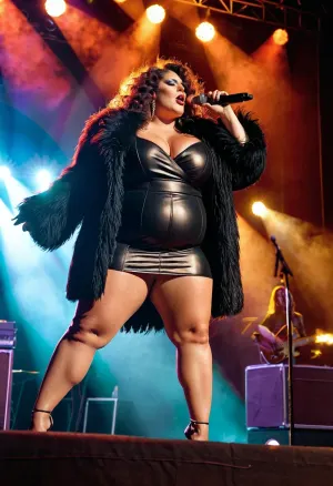 Russian, oversized bbw milf, oversized thick thighs. fluffy hair. diva makeup, fully clothed, lether dress. Rock Singer with microphone on stage. View from side.