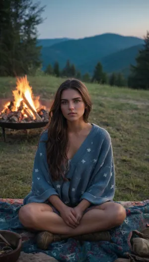 photo of an 25 year old American brunette female student with dark hair and captivating blue eyes sitting on a cozy blanket at a picturesque night campsite, stunning supermodel features with a radiant face illuminated by the warm glow of a crackling campfire in the background, surrounded by a lush grassy area, enchanting nighttime atmosphere, detailed depiction of the firepit with flickering flames casting dancing shadows on her features, focus on her youthful expression and natural beauty, wearing casual yet stylish camping attire, colorful stars twinkling in the clear sky, an inviting and serene outdoor scene