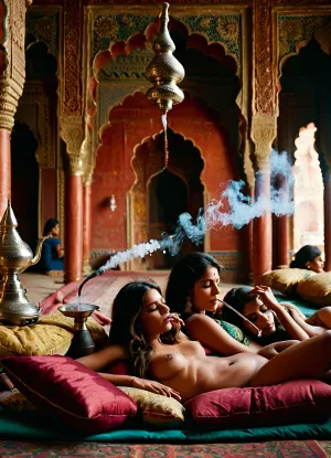 一群印地安女孩在原生宫里享受着一个充满枕头的场景,一个女孩吸着一个印地安公主的照片,脸上带着微笑,而另一个女孩则在她们旁边躺着,享受这个场景并拍照