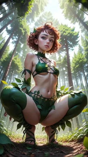 A stunning AI-generated picture of a girl with red-ginger curly pixie-cut hair, wearing a summer woodland outfit, standing in front of a dense forest with vines and thorny bushes. She has ultra-detailed